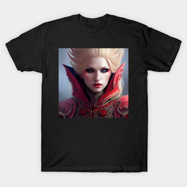 Sexy Blonde Vampire Queen Red Armor Dark Artwork T-Shirt by PrancingPeekees